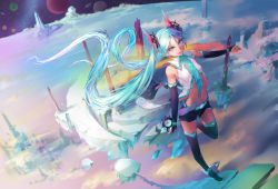 Rule 34 | 1girl, above clouds, aqua eyes, aqua hair, black footwear, black shorts, boots, breasts, bridal gauntlets, cloud, floating island, floating rock, galaxy, hatsune miku, highres, long hair, navel, open mouth, planet, shirt, shooting star, short shorts, shorts, skinny, sleeveless, sleeveless shirt, small breasts, solo, space, thigh boots, thighhighs, ttc, twintails, very long hair, vocaloid, walking, wind