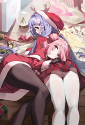 Rule 34 | 2girls, absurdres, ass, black pantyhose, blue archive, blue eyes, christmas, commentary request, dress, fake antlers, hair between eyes, hair bun, halo, hanae (blue archive), hanae (christmas) (blue archive), hat, head on ass, highres, kneepits, long hair, long sleeves, looking at viewer, low twintails, lying, lying on another, miniskirt, multiple girls, official alternate costume, on floor, on side, on stomach, pantyhose, pink eyes, pink hair, plaid, plaid skirt, purple hair, red dress, red sweater, ribbed sweater, santa costume, santa dress, santa hat, serina (blue archive), serina (christmas) (blue archive), short dress, sidelocks, skirt, sweater, thighband pantyhose, timo wei95, twintails, white pantyhose