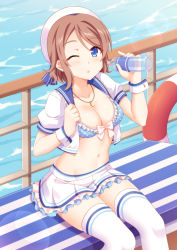 Rule 34 | 1girl, ;o, bikini, bikini top only, blue bikini, blue eyes, bottle, bow, breasts, brown hair, cleavage, collarbone, cropped jacket, day, earrings, frilled skirt, frills, front-tie bikini top, front-tie top, glint, hat, holding, holding bottle, jacket, jewelry, layered skirt, lens flare, lifebuoy, looking at viewer, love live!, love live! school idol festival, love live! sunshine!!, medium breasts, miniskirt, mmrailgun, navel, necklace, one eye closed, open clothes, open jacket, open mouth, outdoors, pendant, polka dot, polka dot bikini, polka dot bikini top, railing, sailor hat, ship, short sleeves, sitting, skirt, solo, stomach, stud earrings, swept bangs, swim ring, swimsuit, thighhighs, watanabe you, water, water bottle, watercraft, white bow, white hat, white jacket, white skirt, white thighhighs, wrist cuffs, zettai ryouiki