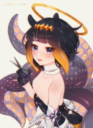 Rule 34 | 1girl, 2nii, alternate hair length, alternate hairstyle, black gloves, black hair, breasts, cleavage, commentary, detached sleeves, fang, fur choker, gloves, halo, holding, holding scissors, hololive, hololive english, low wings, mole, mole under eye, monogram, ninomae ina&#039;nis, ninomae ina&#039;nis (1st costume), open mouth, purple eyes, scissors, short hair, single detached sleeve, small breasts, solo, symbol-only commentary, tentacles, virtual youtuber, wings