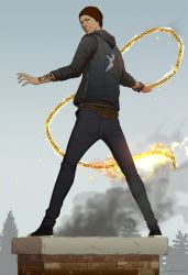 Rule 34 | 1boy, chain, chimney, delsin rowe, fire, gb (doubleleaf), headwear request, highres, infamous, infamous second son, jacket, male focus, pants, plaid, plaid shirt, shirt, smile, smirk, smoke, solo, tattoo, tree, white background