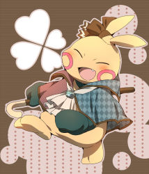 Rule 34 | 00s, blush, bow, brown background, cape, closed eyes, creatures (company), game freak, gen 3 pokemon, gloves, makuhita, nintendo, no humans, open mouth, pokemon, pokemon (creature), pokemon rse, purasu no konbu, solo, staff