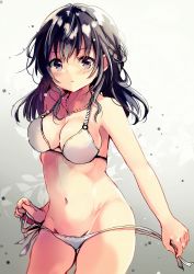 Rule 34 | 1girl, bare shoulders, bikini, bikini pull, black hair, braid, breasts, cleavage, clothes pull, french braid, highres, jewelry, long hair, looking at viewer, medium breasts, nanahamu, navel, necklace, original, pulling own clothes, purple eyes, simple background, solo, swimsuit, white background, white bikini
