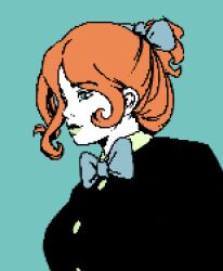 Rule 34 | 1girl, blue ribbon, formal, green lips, lipstick, looking to the side, makeup, orange hair, pale skin, ponytail, ribbon, short hair, simple background, solo, suit, sunflowerpot, wavy hair