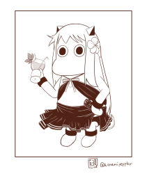Rule 34 | (o) (o), alternate costume, artist name, cocktail glass, cosplay, cup, drinking glass, drinking straw, flower, full body, hair flower, hair ornament, horns, kantai collection, monochrome, moomin, moomintroll, muppo, no humans, northern ocean princess, sazanami konami, simple background, solo, swimsuit, tatsuta (kancolle), tatsuta (kancolle) (cosplay), twitter username, white background, wine glass