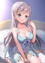 Rule 34 | 1girl, babydoll, barefoot, bed, blue babydoll, blue eyes, blush, breasts, cleavage, collarbone, commentary request, grey hair, head tilt, highres, hisakawa hayate, idolmaster, idolmaster cinderella girls, idolmaster cinderella girls starlight stage, large breasts, long hair, looking at viewer, on bed, pillow, sitting, smile, solo, tudon (donut), underwear, very long hair, wariza