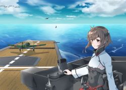 Rule 34 | 1girl, absurdres, aircraft, airplane, anchor, brown eyes, brown hair, cloud, covered navel, day, flat chest, flight deck, headband, headgear, highres, kantai collection, long sleeves, ocean, outdoors, parted lips, red skirt, rigging, short hair, skirt, sky, solo, sui (sui27shika), taihou (kancolle), water, watercraft
