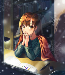 Rule 34 | 1girl, absurdres, bookshelf, brown eyes, brown hair, covering own mouth, desk, eraser, gongha, green sweater, highres, indoors, looking at viewer, mechanical pencil, original, pencil, sitting, snow, snowflakes, snowing, solo, sweater, textbook, window