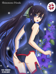 Rule 34 | &gt;:o, 10s, 1girl, :o, anger vein, artist name, ass, black hair, black panties, blue eyes, blush, breasts, character name, dated, flower, hair ribbon, halterneck, infinite stratos, leotard, long hair, looking at viewer, looking back, one-piece swimsuit, open mouth, panties, pilot suit, ponytail, ribbon, school swimsuit, shinonono houki, sideboob, solo, spoken anger vein, swimsuit, the-sinner, thighhighs, thighs, underwear, v-shaped eyebrows
