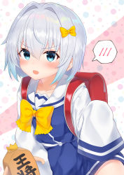 Rule 34 | 1girl, :d, age regression, aged down, backpack, bag, blue dress, blue eyes, blush, bow, collarbone, commentary request, crown, dress, gyozanuko, hair between eyes, hair bow, hair intakes, heart, heart-shaped pupils, highres, long sleeves, looking at viewer, mini crown, open mouth, randoseru, ryuuou no oshigoto!, sailor collar, shirt, shogi piece, silver hair, sleeveless, sleeveless dress, sleeves past fingers, sleeves past wrists, smile, solo, sora ginko, spoken blush, symbol-shaped pupils, white sailor collar, white shirt, yellow bow
