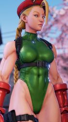 Rule 34 | 1girl, 3d, absurdres, antenna hair, bare shoulders, blonde hair, blue eyes, braid, breasts, cammy white, covered navel, curvy, gloves, green leotard, hat, highleg, highleg leotard, highres, kneeling, leotard, lips, long hair, looking to the side, medium breasts, red gloves, red hat, ryona, screencap, shiny clothes, solo, standing, street fighter, street fighter v, thighs, third-party edit, thong leotard, twin braids, very long hair, wide hips