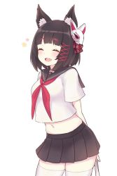 Rule 34 | 1girl, animal ears, arms behind back, azur lane, belly, black hair, cat ears, cat girl, closed eyes, fang, fang out, hair ornament, miniskirt, school uniform, short hair, skirt, smile, thick thighs, thighhighs, thighs, white thighhighs, yamashiro (azur lane)