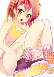 Rule 34 | 1girl, :o, bad id, bad pixiv id, bare shoulders, blush, collarbone, face, hair ornament, highres, laces, nail polish, original, pink nails, red eyes, red hair, shoes, short hair, sneakers, socks, solo, striped clothes, striped socks, tank top, tying, vertical-striped clothes, vertical-striped socks, zpolice