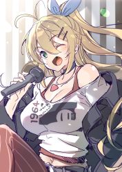 Rule 34 | 1girl, absurdres, ajishio, antenna hair, bare shoulders, belt, black jacket, blonde hair, blue ribbon, cevio, commentary, crop top, green eyes, hair ornament, hair ribbon, hairclip, highres, holding, holding microphone, jacket, long hair, looking at viewer, microphone, one eye closed, open clothes, open jacket, open mouth, pants, ponytail, red pants, ribbon, shirt, smile, solo, tank top, tsurumaki maki, upper body, very long hair, voiceroid, white shirt