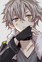 Rule 34 | 1boy, angry, bandaid, bandaid on face, black gloves, earrings, ensemble stars!, fingerless gloves, fur trim, gloves, grey hair, hanadama, jacket, jewelry, looking at viewer, ogami koga, shirt, simple background, single earring, sketch, solo, upper body, wounds, yellow eyes