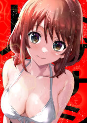 Rule 34 | 1girl, bikini, blush, breasts, brown eyes, brown hair, cleavage, closed mouth, collarbone, commentary, girls band cry, halterneck, highres, iseri nina, light particles, looking at viewer, low twintails, makaichance, medium breasts, red background, short hair, short twintails, sidelocks, smile, solo, swimsuit, twintails, variant set, white bikini