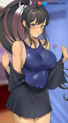 Rule 34 | 1girl, 2022, bare shoulders, black hair, black skirt, blue eyes, blurry, blurry background, blush, breasts, closed mouth, commentary, covered navel, cowboy shot, damobelmont, dot nose, english commentary, eyelashes, forehead, frilled skirt, frills, hair ornament, high ponytail, highres, homura (senran kagura), indoors, large breasts, large ears, long bangs, one-piece swimsuit, patreon username, pleated skirt, senran kagura, senran kagura estival versus, senran kagura shinovi versus, shadow, signature, skin tight, skirt, solo, swimsuit, twitter username, undressing