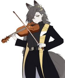 Rule 34 | 1girl, animal ear fluff, animal ears, arknights, belt, black coat, black hair, black pants, black shirt, closed mouth, coat, cowboy shot, ear piercing, extra ears, highres, instrument, lancer (worudrleh1), long hair, looking at viewer, mole, mole above eye, music, open clothes, open coat, pants, penance (arknights), piercing, playing instrument, shirt, solo, tail, very long hair, wolf ears, wolf girl, wolf tail, yellow eyes