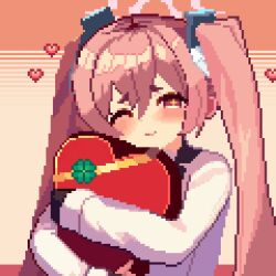 Rule 34 | 1girl, blue archive, box, closed mouth, gift, gift box, hair between eyes, halo, heart-shaped box, highres, jacket, koyuki (blue archive), long hair, long sleeves, looking at viewer, one eye closed, pink eyes, pink hair, pink halo, pixel art, solo, tinia etru, twintails, white jacket