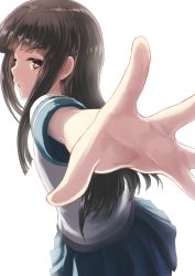 Rule 34 | 10s, 1girl, blue skirt, blunt bangs, bright background, brown eyes, brown hair, hatsuyuki (kancolle), kantai collection, long hair, looking at viewer, looking back, open hand, open mouth, outstretched arm, pleated skirt, school uniform, serafuku, short sleeves, simple background, skirt, solo, tooi aoiro, uniform, white background