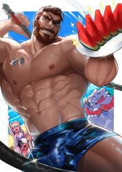 Rule 34 | 1girl, 4boys, abs, absol (dkqthf), another eidos-r, bara, bart (another eidos), beard, blue male swimwear, brown hair, bulge, camouflage swimsuit, character request, covered penis, eyepatch, facial hair, food, fruit, glint, holding, holding plate, holding sword, holding weapon, jewelry, large pectorals, lisa (another eidos), looking at viewer, male focus, male swimwear, mature male, multiple boys, muscular, muscular male, navel, necklace, nipples, one eye covered, pectorals, plate, short hair, smile, solo focus, stomach, strongman waist, sweat, sword, teeth, thick eyebrows, thick thighs, thighs, thorkell (another eidos), very sweaty, watermelon, watermelon slice, weapon