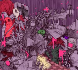 Rule 34 | 1girl, balloon, bed, blood, candle, cape, cat, checkered floor, chimney, door, expressionless, faceless, floor, frog, glowing, glowing eyes, guillotine, hat, instrument, knife, kyukkyu-kun, lantern, looking away, mado (mukade tou), madotsuki, piano, railroad tracks, stairs, surreal, tokuto-kun, traffic light, train, train interior, upside-down, witch, witch hat, yume nikki