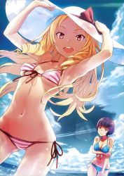 Rule 34 | 2girls, :d, absurdres, armpits, arms up, bandaged fingers, bandages, bikini, blonde hair, blue bikini, blue sky, bow, breast hold, breasts, closed mouth, cowboy shot, day, eromanga sensei, front-tie bikini top, front-tie top, gluteal fold, hand on headwear, hat, hat bow, highres, long hair, looking at viewer, medium breasts, multiple girls, open mouth, outdoors, parted bangs, pink eyes, purple eyes, purple hair, redjuice, ringlets, scan, senju muramasa, short hair, side-tie bikini bottom, sidelocks, sky, small breasts, smile, striped bikini, striped clothes, sun hat, sweat, swimsuit, yamada elf