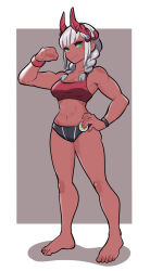 Rule 34 | 1girl, amazu (kurozu), bare arms, bare legs, bare shoulders, barefoot, braid, breasts, cleavage, clenched hand, closed mouth, commentary, commission, english commentary, full body, green eyes, grey background, grey hair, hair over shoulder, hand on own hip, hand up, highres, horns, long hair, low twintails, medium breasts, navel, original, shadow, smile, solo, twin braids, twintails, two-tone background, white background