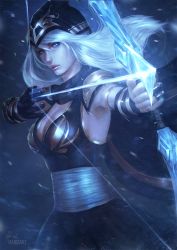 Rule 34 | 1girl, armpits, arrow (projectile), artist name, ashe (league of legends), blue background, blue eyes, bow (weapon), breasts, cleavage, drawing bow, glowing, glowing weapon, highres, holding bow (weapon), hood, league of legends, md5 mismatch, medium breasts, raikoart, snow, solo, weapon, white hair