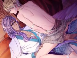 Rule 34 | 2boys, anal, anklet, ashraf, barefoot, bed, blonde hair, censored, closed eyes, cum, jewelry, long hair, male focus, male masturbation, male penetrated, masturbation, multiple boys, necklace, nessa no rakuen, open mouth, penis, pillow, purple hair, sex, short hair, spread legs, sweat, yaoi