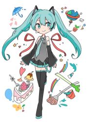 Rule 34 | 1girl, aqua eyes, aqua hair, aqua necktie, boots, bucket, cake, cherry, commentary, dated commentary, detached sleeves, duplicate, english commentary, food, fork, fruit, globe, hatsune miku, headset, heart, leg up, letter, long hair, mikan (mikabe), necktie, paintbrush, plant, potted plant, puddle, replaceme, sapling, skirt, solo, spring onion, star (symbol), strawberry, thigh boots, thighhighs, twintails, umbrella, vocaloid