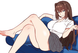 1girl aozaki_aoko bare_legs barefoot blue_eyes breasts brown_hair collared_shirt couch crossed_legs ebora feet foot_out_of_frame grey_skirt hair_between_eyes hair_intakes highres large_breasts legs long_hair looking_at_viewer mahou_tsukai_no_yoru miniskirt on_couch parted_lips scowl shirt sitting skirt solo sweatdrop toes white_background white_shirt