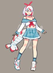 Rule 34 | bare shoulders, blue socks, bow, breasts, cleavage, cropped shirt, hair bow, hair over one eye, medium breasts, midriff peek, milkytiddyboy, multicolored hair, neckerchief, original, red hair, red neckerchief, shoes, shrimp girl, shrimp tail, skirt, sneakers, socks, stomach, tagme, white eyes, white hair