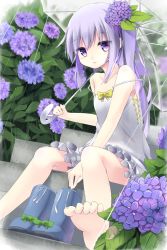 Rule 34 | 1girl, barefoot, boots, unworn boots, dress, feet, flower, hair flower, hair ornament, highres, hydrangea, long hair, looking at viewer, makadamixa, no socks, original, purple eyes, purple hair, rain, rubber boots, shoes, unworn shoes, side ponytail, sitting, sitting on stairs, solo, stairs, strap slip, toe scrunch, toes, transparent, transparent umbrella, umbrella