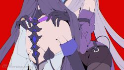 2girls acheron_(honkai:_star_rail) bare_back bare_shoulders black_gloves black_swan_(honkai:_star_rail) coat commentary demon_tail detached_sleeves english_commentary facing_away gloves hands_on_another&#039;s_shoulders honkai:_star_rail honkai_(series) jewelry long_hair multiple_girls naruuuuuu9 pantyhose pink_hair purple_hair red_background ring signature single_detached_sleeve tail twitter_username upper_body white_coat yuri