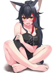 Rule 34 | 1girl, absurdres, animal ear fluff, animal ears, barefoot, black hair, black shirt, blush, breasts, cleavage, feet, hair between eyes, hair ornament, highres, hololive, large breasts, long hair, looking at viewer, micon, multicolored hair, ookami mio, open mouth, red hair, shirt, simple background, solo, streaked hair, tail, virtual youtuber, white background, wolf ears, wolf girl, wolf tail, yellow eyes