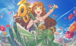 Rule 34 | 1girl, :3, :d, agnesgd, alternate costume, arm up, armlet, armpits, blush, bouquet, bow, bracelet, breasts, brown hair, choker, cloud, cloudy sky, collarbone, daisy, day, dot nose, dress, earrings, eyelashes, field, flower, flower armlet, flower choker, frilled skirt, frills, gem, green bow, green dress, green eyes, green ribbon, hair flower, hair intakes, hair ornament, head wreath, hino akane (idolmaster), holding, holding flower, huge bow, idolmaster, idolmaster cinderella girls, idolmaster cinderella girls starlight stage, jewelry, jpeg artifacts, layered dress, lens flare, long hair, looking past viewer, medium breasts, mountain, necklace, open mouth, orange flower, outdoors, pearl (gemstone), pearl bracelet, pink flower, red flower, ribbon, skirt, sky, sleeveless, sleeveless dress, smile, solo, sunflower, swept bangs, twitter username, two-tone dress, underskirt, waist bow, wavy hair, wheat, white ribbon, wrist ribbon, yellow flower