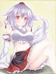 Rule 34 | 1girl, animal ears, arm garter, arm support, bare shoulders, blush, breasts, closed mouth, crop top, detached sleeves, frilled skirt, frills, hat, hip vent, inubashiri momiji, kittona, crossed legs, long sleeves, looking at viewer, medium breasts, midriff, miniskirt, navel, orange eyes, pom pom (clothes), shirt, short hair, side-tie shirt, sideboob, silver hair, sitting, skirt, solo, tail, tied shirt, tokin hat, touhou, traditional media, watercolor pencil (medium), wide sleeves, wolf ears, wolf tail