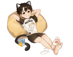 Rule 34 | 1boy, absurdres, animal ears, arms behind back, barefoot, black hair, cat boy, cat ears, cat tail, child, commentary, futon, highres, juice, kemonomimi mode, lying, on back, orange juice, original, rock sugar, shorts, sock pull, tail