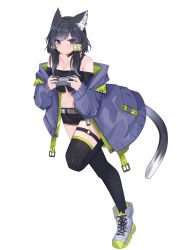 Rule 34 | 1girl, absurdres, animal ears, bare shoulders, black choker, black eyes, black hair, black shirt, black shorts, black thighhighs, blue jacket, boots, bra strap, breasts, cat ears, character request, choker, cleavage, collarbone, commentary, controller, copyright request, crop top, game controller, gosong, grey footwear, highres, holding, holding controller, holding game controller, jacket, long hair, long sleeves, looking at viewer, medium breasts, midriff, navel, off-shoulder shirt, off shoulder, shirt, short shorts, shorts, simple background, solo, stomach, thigh strap, thighhighs, thighs, white background