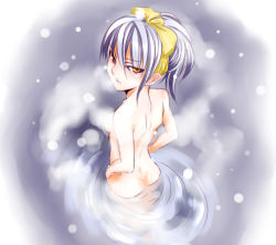 Rule 34 | 1girl, angry, ass, brown eyes, censored, convenient censoring, foreshortening, hairband, hands on own hips, looking back, nude, onsen, original, purple hair, snowing, solo, steam, steam censor, un (le monde-alternatif), water