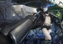 Rule 34 | 10s, 2girls, arm cannon, asymmetrical hair, belt, bikini, bikini top only, black dress, black gloves, black hair, black rock shooter, black rock shooter (character), blue eyes, boots, chain, checkered floor, cross, dead master, dress, dual wielding, expressionless, flat chest, floor, foreshortening, gloves, glowing, glowing eye, green eyes, highres, holding, hood, hooded jacket, horns, huge weapon, jacket, knee boots, multiple girls, navel, open clothes, open jacket, pale skin, rayxray, ruins, scar, scythe, short shorts, shorts, skull, solo focus, swimsuit, sword, twintails, weapon