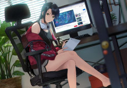 Rule 34 | 1girl, bare shoulders, barefoot, black hair, blurry, blurry foreground, box, chair, closed mouth, crossed legs, green eyes, headphones, headphones around neck, highres, holding, holding tail, indoors, jacket, keyboard (computer), lamp, long hair, monitor, mouse (computer), office chair, original, pen, pencil, picture frame, plant, potted plant, red jacket, scissors, sitting, smile, solo, swivel chair, tablet pc, tail, window, zipper, zipper pull tab, zonotaida