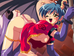 Rule 34 | 1girl, bent over, blue hair, blush, breasts, disembodied hand, horns, nonohara miki, one eye closed, panties, panty pull, tagme, underwear, wings, yellow eyes