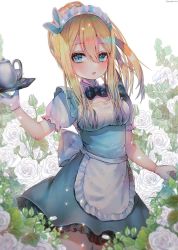 Rule 34 | 1girl, :o, alternate costume, alternate hairstyle, apron, bad id, bad twitter id, blonde hair, blue dress, blue eyes, blurry, breasts, cowboy shot, cup, depth of field, dress, enmaided, flower, girls&#039; frontline, gloves, hair between eyes, hair ornament, hanato (seonoaiko), hand up, high ponytail, highres, holding, holding tray, long hair, looking at viewer, maid, maid apron, maid headdress, medium breasts, open mouth, ponytail, rabbit hair ornament, rose, saucer, short sleeves, sidelocks, snowflake hair ornament, solo, sparkle, standing, suomi (girls&#039; frontline), teapot, thighhighs, tray, twitter username, waist apron, white background, white flower, white gloves, white thighhighs