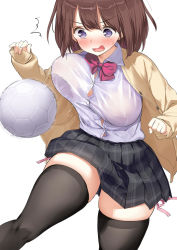 Rule 34 | 1girl, ball, black thighhighs, blush, breasts, brown hair, kaisen chuui, large breasts, nipples, nipples through clothes, no bra, open mouth, original, panties, school uniform, see-through, shirt, short hair, side-tie panties, side-tie peek, simple background, skirt, solo, thighhighs, thighs, underwear, white background