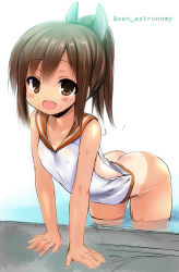 Rule 34 | 10s, 1girl, :d, ass, blush, bottomless, brown eyes, brown hair, collarbone, highres, i-401 (kancolle), kantai collection, naked shirt, no panties, one-piece tan, open mouth, partially submerged, ponytail, sailor collar, sen (astronomy), shirt, smile, solo, swimsuit, swimsuit under clothes, tan, tanline, twitter username