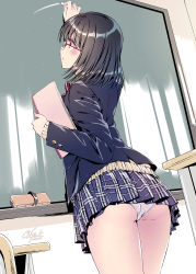 Rule 34 | 1girl, ass, black hair, black jacket, blazer, blush, board eraser, bow, bowtie, breasts, buttons, cardigan, chair, chalk, chalkboard, classroom, commentary request, dappled sunlight, desk, facing away, glasses, highres, hime cut, holding, holding chalk, holding notebook, jacket, kobayashi chisato, looking at object, miniskirt, notebook, original, panties, pantyshot, parted lips, plaid, plaid bow, plaid bowtie, plaid skirt, red eyes, shadow, short hair, signature, skirt, small breasts, solo, sunlight, thighs, underwear, white panties, writing, yellow cardigan