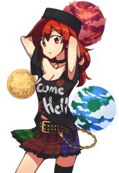 Rule 34 | 1girl, arms behind head, bad id, bad twitter id, belt, breasts, chain, choker, cleavage, clothes writing, cloud, commentary request, earth (ornament), english text, hecatia lapislazuli, moon (ornament), multicolored clothes, multicolored skirt, open mouth, ori (yellow duckling), red eyes, red hair, skirt, small breasts, solo, touhou