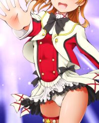 Rule 34 | 10s, 1girl, :d, black bow, black bowtie, bow, bowtie, buttons, cropped jacket, double-breasted, dr rex, dress, earrings, gradient background, head out of frame, jewelry, kosaka honoka, long hair, long sleeves, love live!, love live! school idol project, open mouth, orange hair, outstretched arm, panties, smile, solo, sore wa bokutachi no kiseki, thigh strap, underwear, white panties